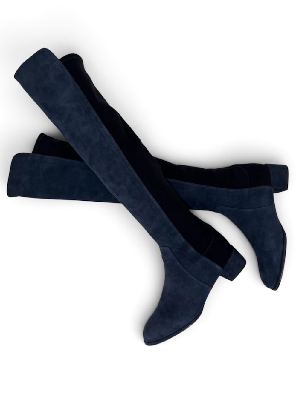 Stuart Weitzman ‘FIFO’ OTK Boots Blue Suede Black Elastic Calf Friendly 8